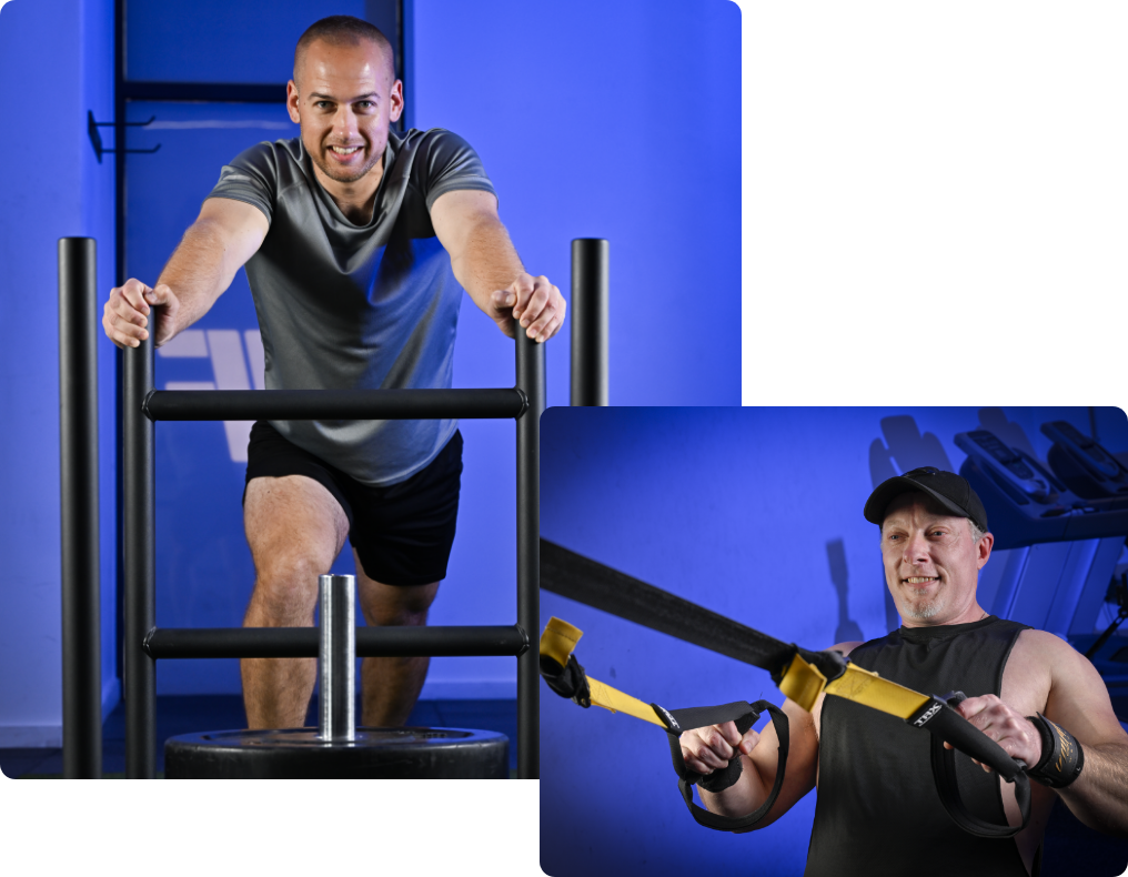 Two photo's of People in a gym